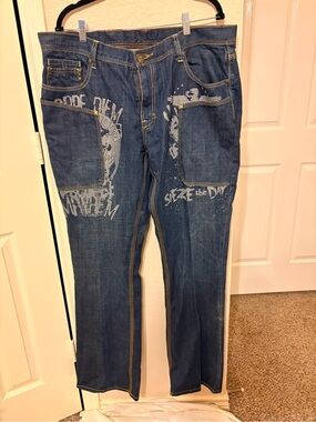 Men's Vintage Blac Label Flair Blue Denim Jeans with White Graphic Accents